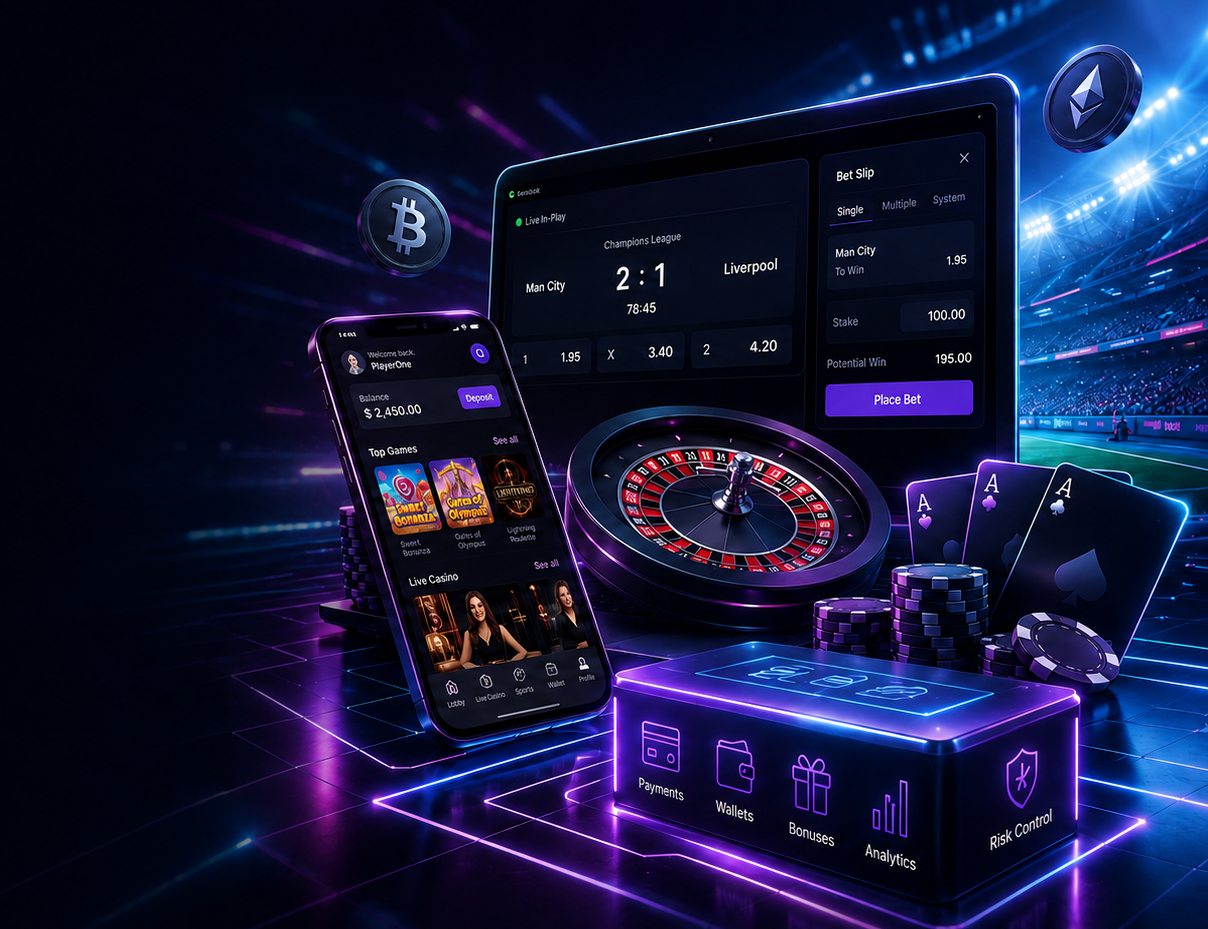 iGaming platform showing a mobile casino app, live sportsbook betting slip, roulette wheel, poker chips, playing cards, crypto coins, and a payments/wallet/bonus/analytics/risk-control control panel